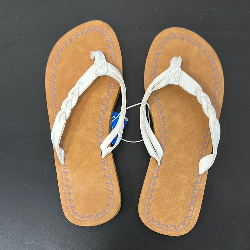 Tan and White Braided Flip Flops